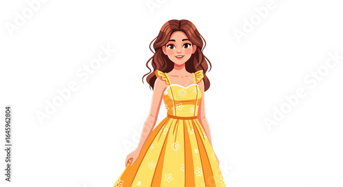 Charming girl in summery yellow dress with floral accents, radiant smile and youthful energy, springtime vibe