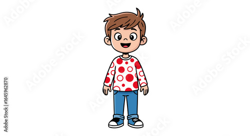 Cheerful cartoon boy with a bright smile and playful polka dot shirt, radiating youthful energy and innocence