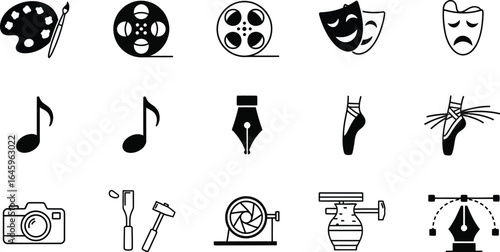Collection of artistic and creative icons representing various forms of expression and craftsmanship