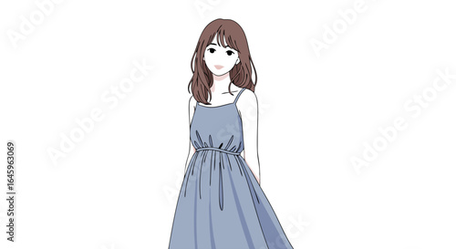Stylish brunette woman in a summer dress, exudes effortless charm and youthful elegance in her pose