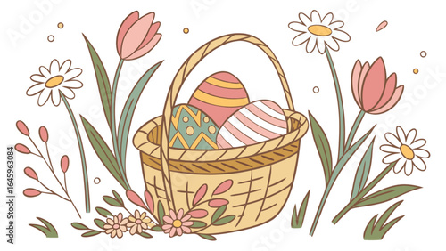 A charming easter basket filled with decorated eggs surrounded by tulips and daisies illustration