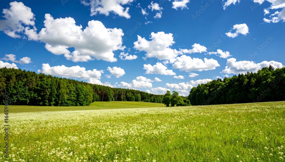 Fototapeta premium Lush meadow, forest, blue sky