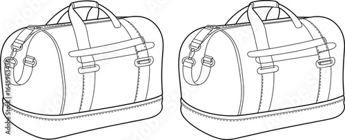 Modern travel duffel bags with handles and detachable shoulder straps, detailed line art drawing, luggage design, travel accessories illustration.