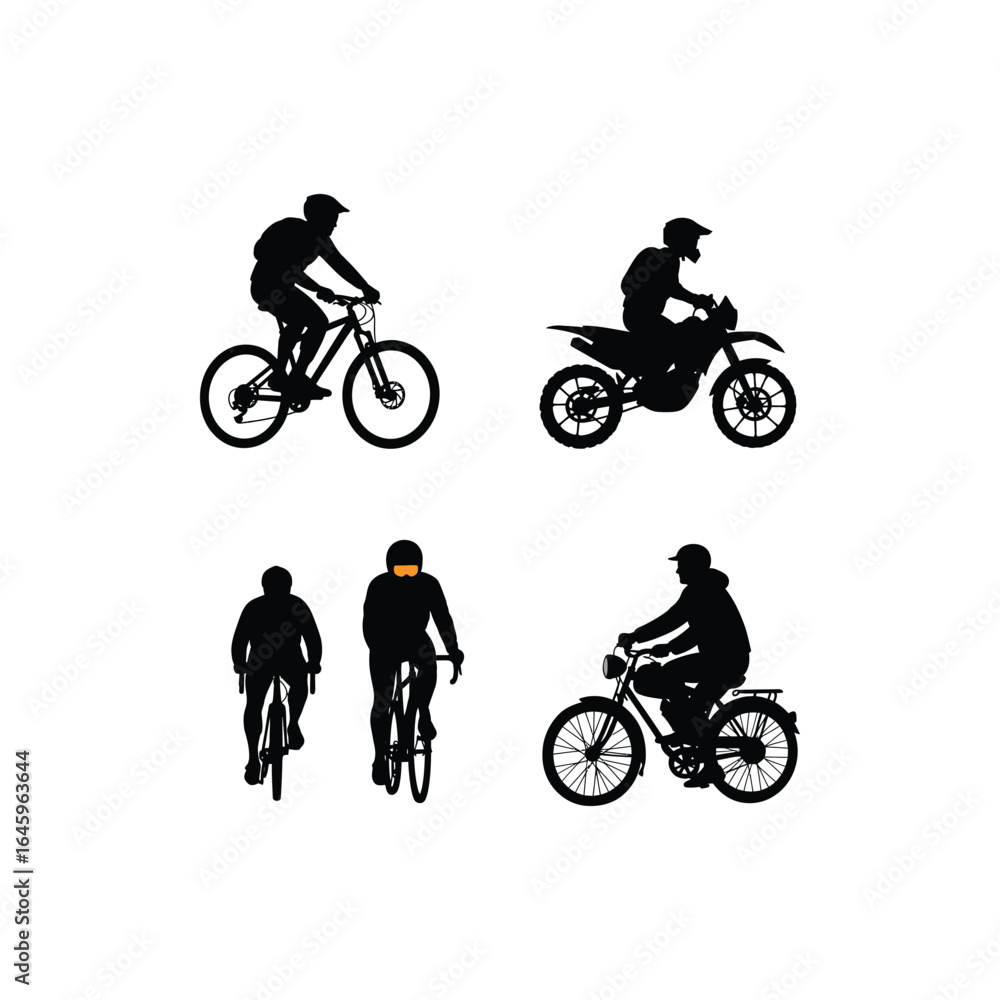 Fototapeta premium Silhouettes of cyclists and motorcyclists on a white background, showcasing various outdoor activities, sports, and transportation modes isolated on white background