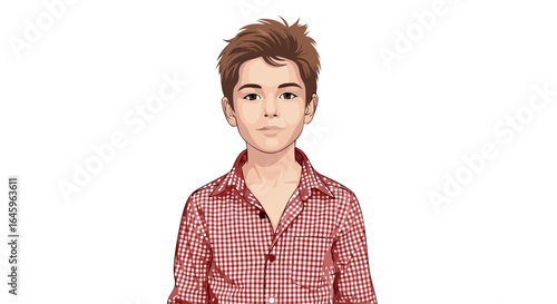 Trendy young boy in red gingham shirt looking forward with a calm expression ready for school portraits