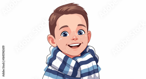 Cheerful boy warmly wrapped in a cozy scarf, ready for a snowy winter adventure and holiday fun