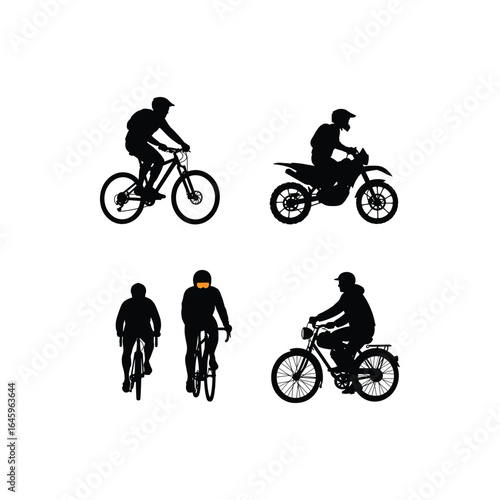 Silhouettes of cyclists and motorcyclists on a white background, showcasing various outdoor activities, sports, and transportation modes isolated on white background