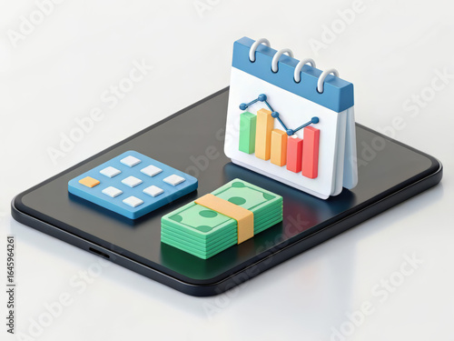 A smartphone displaying 3d icons for finance a calendar, a bar chart with a line graph, and a stack of money, on a white background