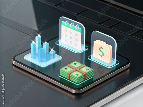 Financial growth and planning icons on a laptop screen, representing business success and digital finance management