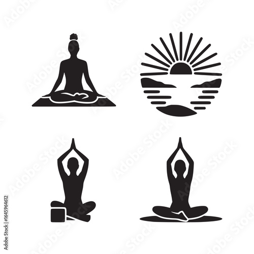 Four yoga poses and sun over water graphic in black silhouette on a white isolated background