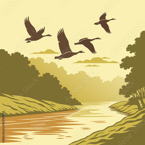 Silhouette illustration of geese flying over a river landscape with trees and a hazy sky background