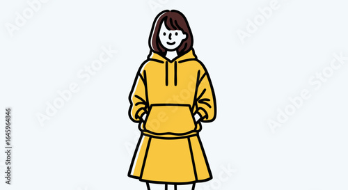 Cheerful young woman with hands in hoodie pocket, radiating casual confidence and effortless style today