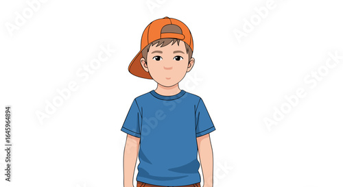 Cute young boy cartoon character wearing trendy backwards baseball cap and casual clothes smiling sweetly