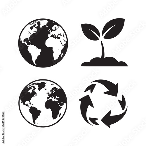 A collage of earth globes, a seedling, and a recycle symbol in black and white vector graphics