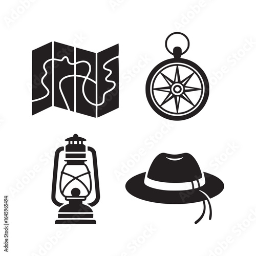 Black and white icons of a map compass lantern and hat for travel and exploration theme design use