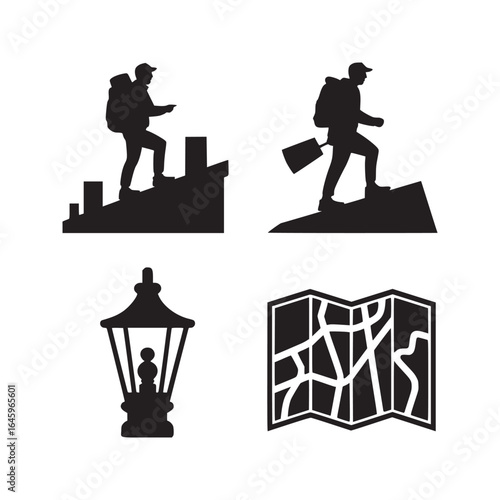 Black silhouettes of hikers, a street lamp, and a map on a white background in a vector image