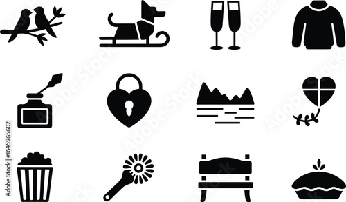 Romantic Valentine's Day Glyph Icons: Love, Winter, Celebration, and Cozy Feelings.