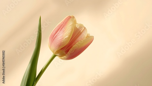 Single tulip on neutral background, arranged in a minimalist top down floral composition.