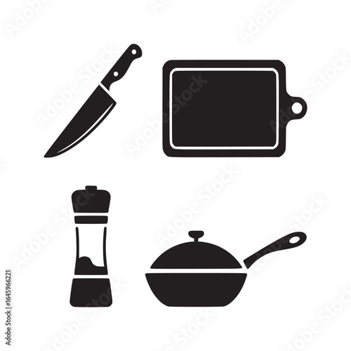 A black and white illustration of a knife cutting board pepper grinder and frying pan with lid on white