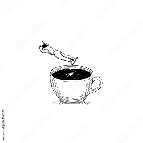 Astronaut coffee space cup galaxy universe stars cosmic dream surreal art drawing illustration design sketch