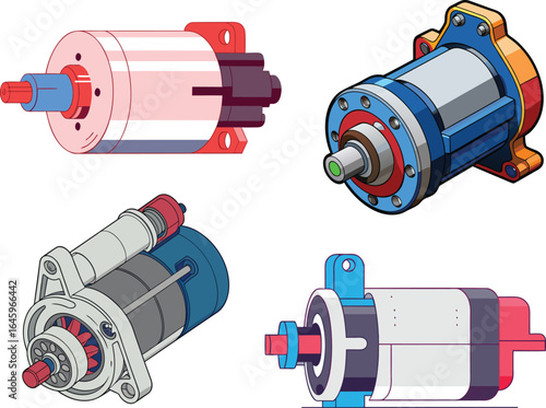3D Vector Illustration of Heavy-Duty Automotive Starter Motor with Cylindrical Body and Gear Housing. 
