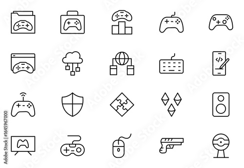 Game outline icon set. Gaming icon elements containing points and life bars, console, player, chess, multiplayer, casino and mobile game icons.
