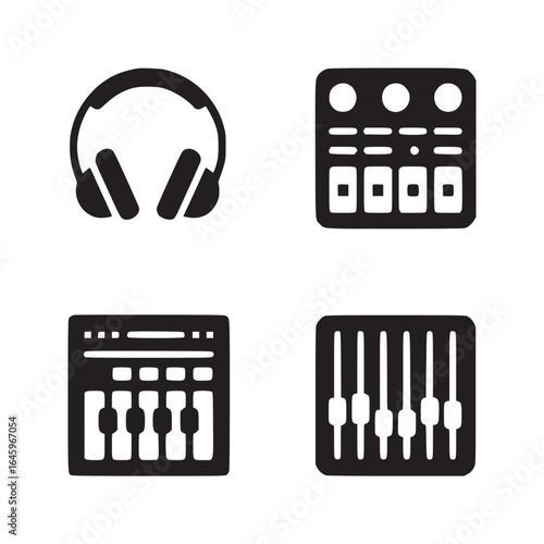 A set of four black musical icons showing headphones and various audio mixing and sound control panels