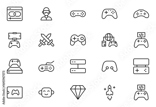Game outline icon set. Gaming icon elements containing points and life bars, console, player, chess, multiplayer, casino and mobile game icons.