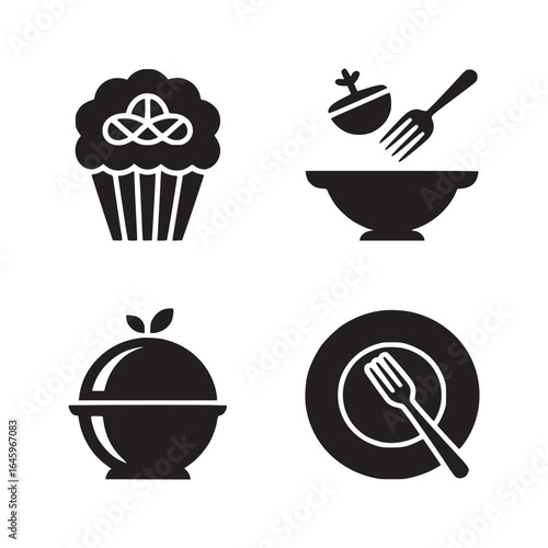 Four food icons depicting a cupcake, salad with fork, bowl with lid, and plate with fork design
