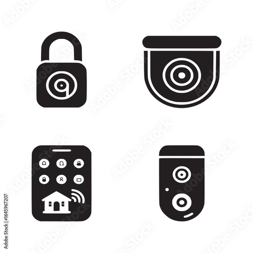 A set of four black and white icons representing home security and automation technology devices and systems
