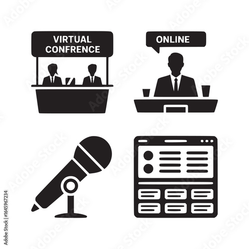 A collection of conference related icons including virtual conference and online presentation icons