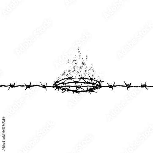 Barbed wire fence with flames black and white illustration sharp danger security protection concept art design 100