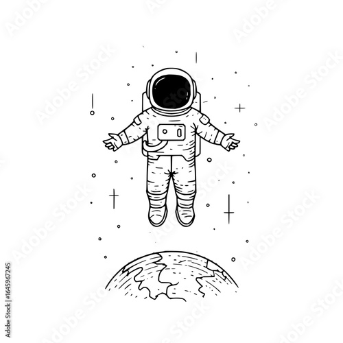 Astronaut in space exploration floating above earth drawing space suit stars cosmic galaxy adventure sketch art