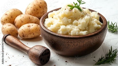 Creamy Mashed Potatoes in Wooden Bowl with Potatoes and Masher on White Surface