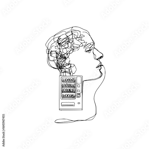 Abstract line art drawing of human head connected to vending machine concept of artificial intelligence and consumerism