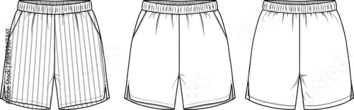 Men’s athletic shorts fashion flat sketch, three views with striped and plain designs, elastic waistband, side pockets, casual sportswear apparel for running and training