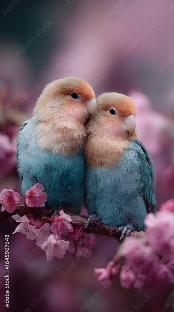 Obraz premium Lovebirds cuddling on a branch amidst blooming flowers