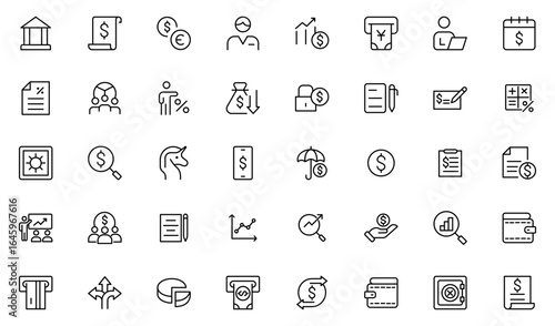 Finance line icon set with money, bank, check, law, auction, exchange, payment, wallet, deposit, piggy, calculator, web, and more isolated outline thin symbol