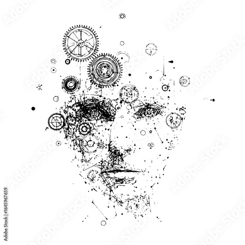 Abstract mechanical face with gears and cogs in black and white technical drawing style illustration art