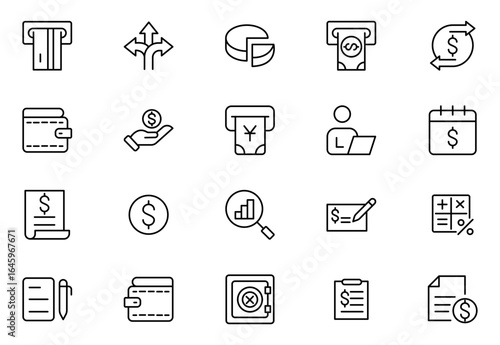 Finance line icon set with money, bank, check, law, auction, exchange, payment, wallet, deposit, piggy, calculator, web, and more isolated outline thin symbol