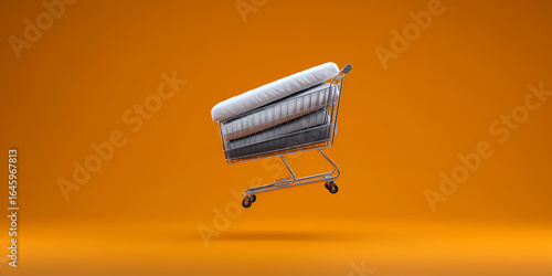 grocery cart filled with mattresses and beds flying orange surreal dreamscape quirky unexpected shopping trip whimsical fantasy scene