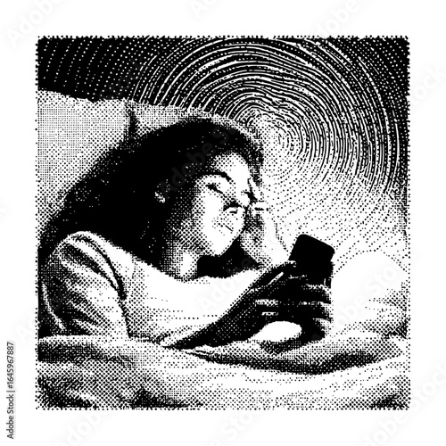Woman using phone in bed halftone pattern sleeplessness sleep disturbance digital addiction social media use