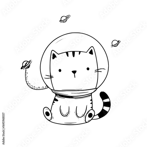 Cute astronaut cat in space with planets illustration drawing vector graphic design artwork for kids and babies