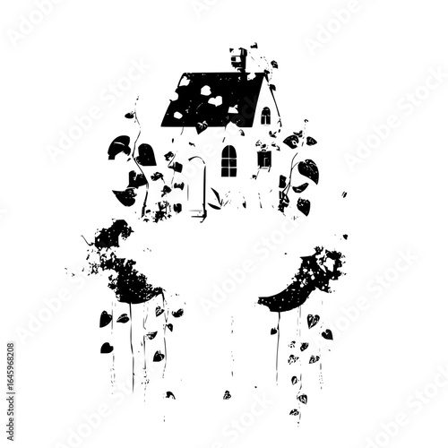 Black and white house illustration with plants grunge style home decor art design graphic vector silhouette drawing