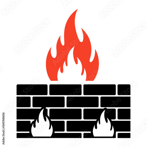 Illustration of a firewall with flames protecting a network system from cyber threats and unauthorized access