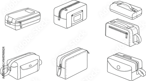 Vector technical drawing of toiletry and travel bags, isometric views, zipper and handle details, fashion accessory blueprint for sewing and manufacturing
