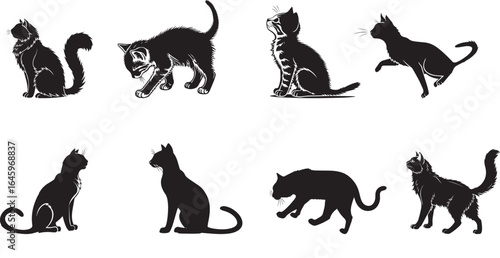 A vector illustration of various black cat silhouettes, including domestic and wild feline designs