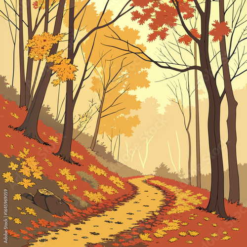 A winding path through an autumn forest with falling leaves and trees in shades of orange and brown hues seen