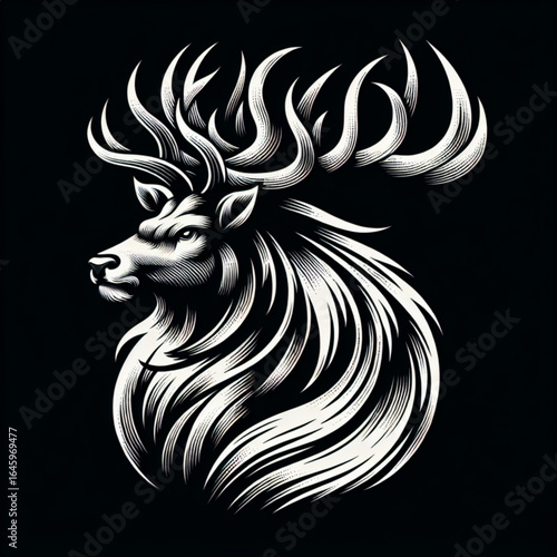 Majestic Elk: A stunning monochrome illustration captures the powerful presence of an elk, its magnificent antlers and intricate details rendered with artistry against a dark background.