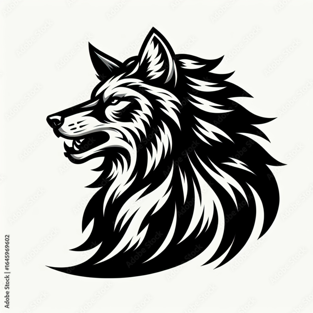 Obraz premium Majestic Wolf Profile: A stylized and powerful monochrome profile of a wolf's head, rendered in bold black and white, exuding an air of untamed wilderness and primal strength.